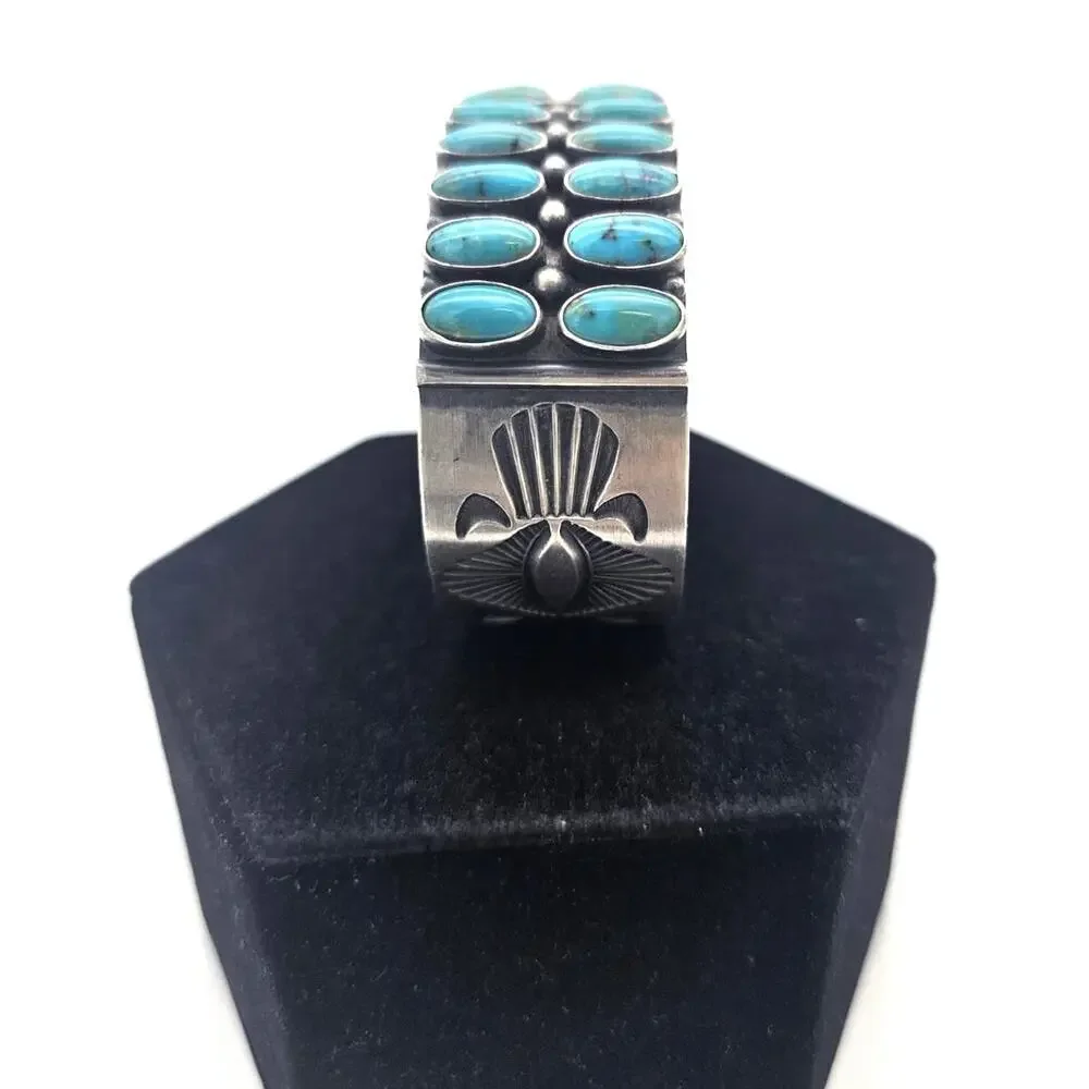 Kirk Smith Navajo Double Row Sterling Silver & Turquoise Cuff Bracelet Rare 118g